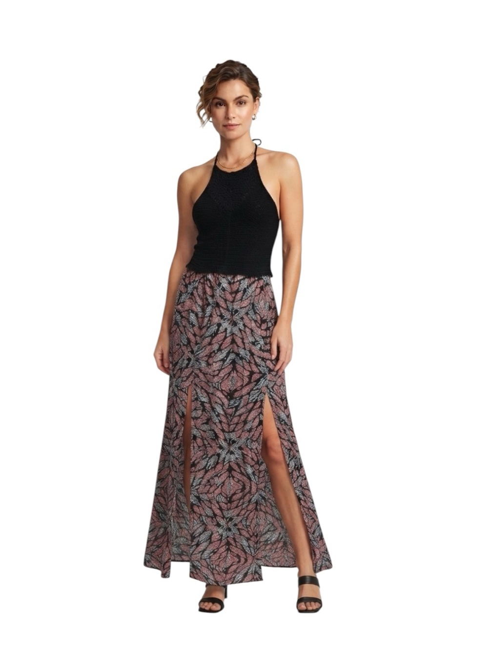 Knox Rose Maxi Dress Black & Pink Floral Split Skirt Size S